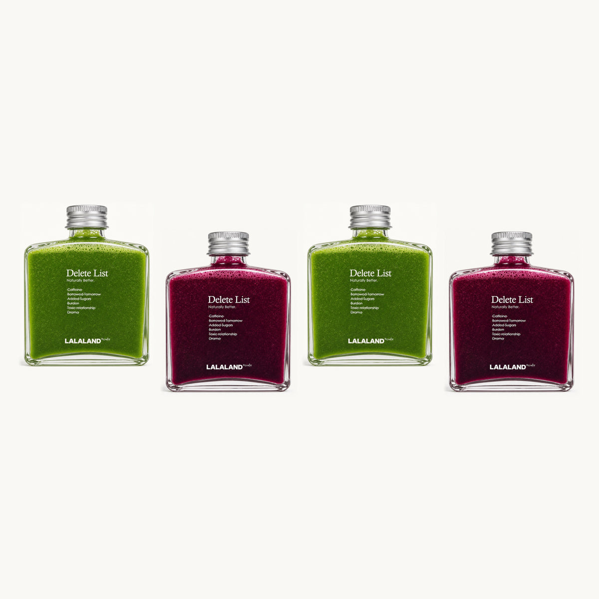 Lalaland® green-model — 4 bottles, single staggered row: green, red, green, red