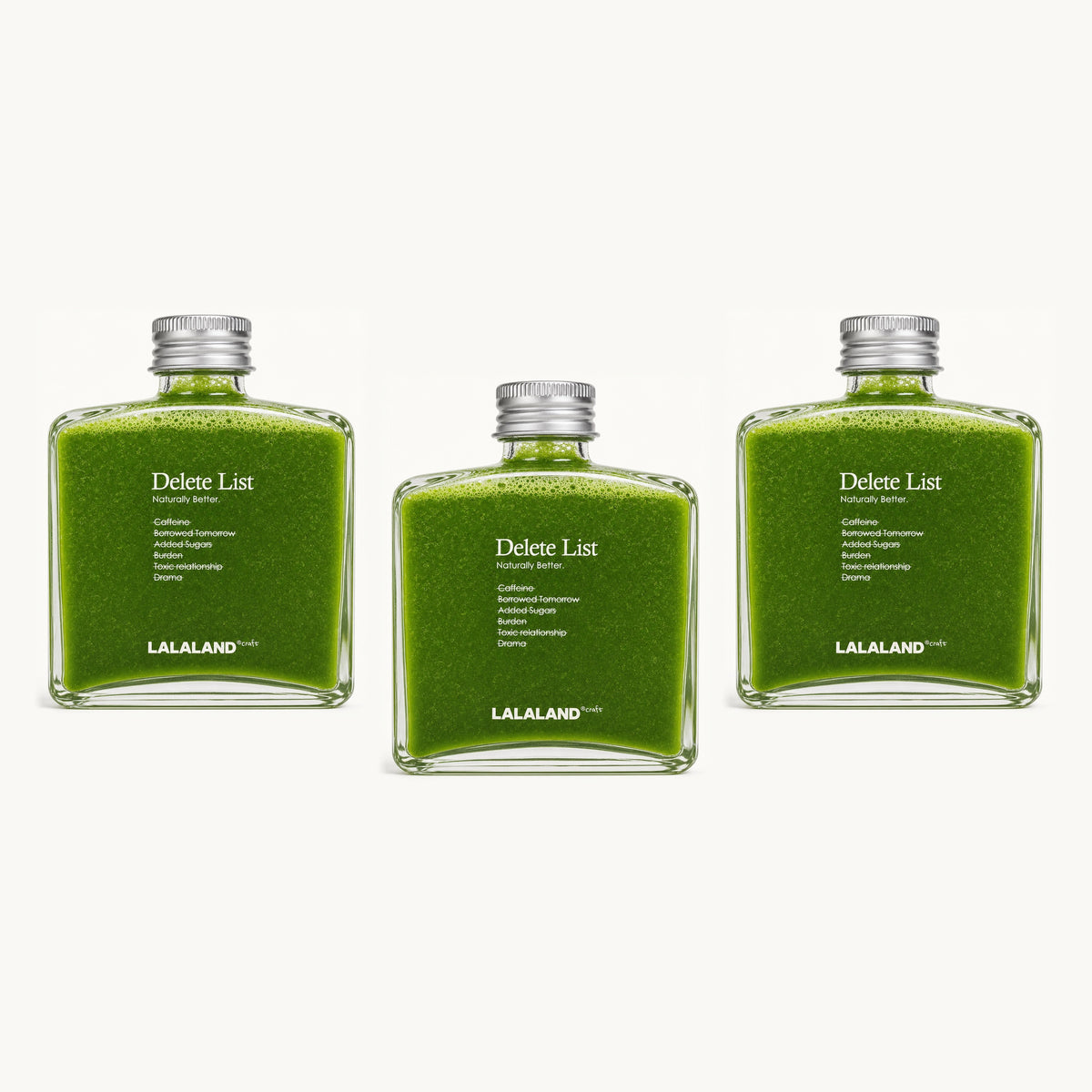 Lalaland® green-triple — 3 bottles, single staggered row: green, green, green