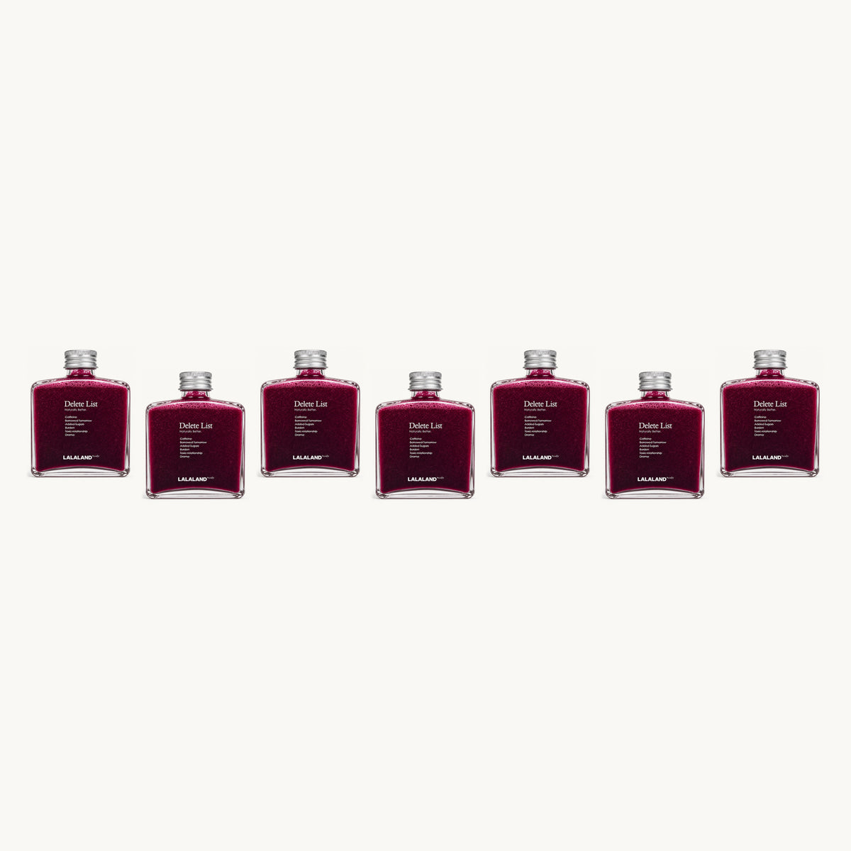 Lalaland® model-team — 7 bottles, single staggered row: red, red, red, red, red, red, red