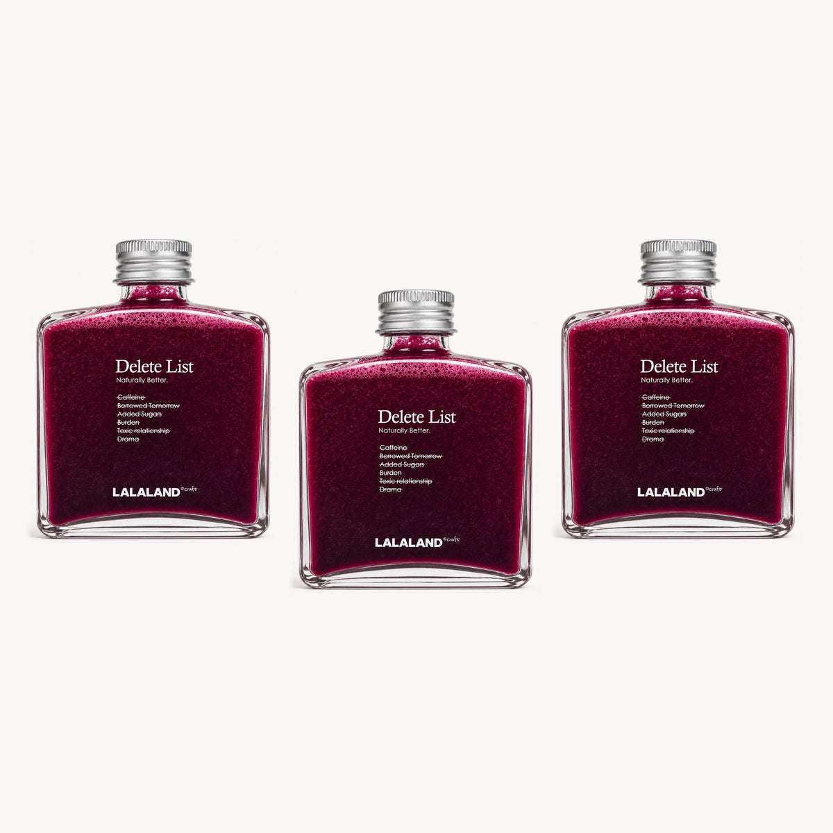 Lalaland® model-triple — 3 bottles, single staggered row: red, red, red