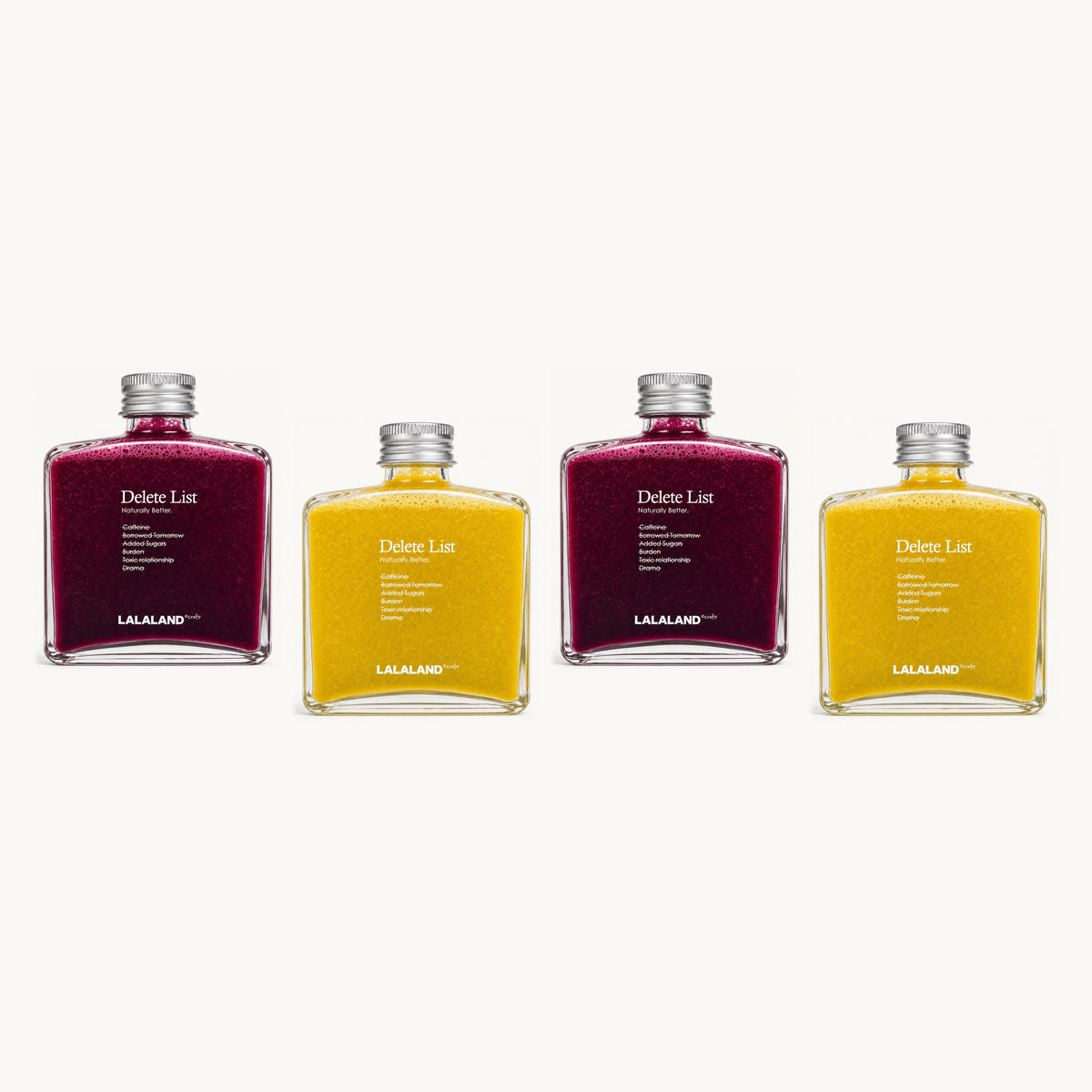 Lalaland® model-turmeric — 4 bottles, single staggered row: red, yellow, red, yellow